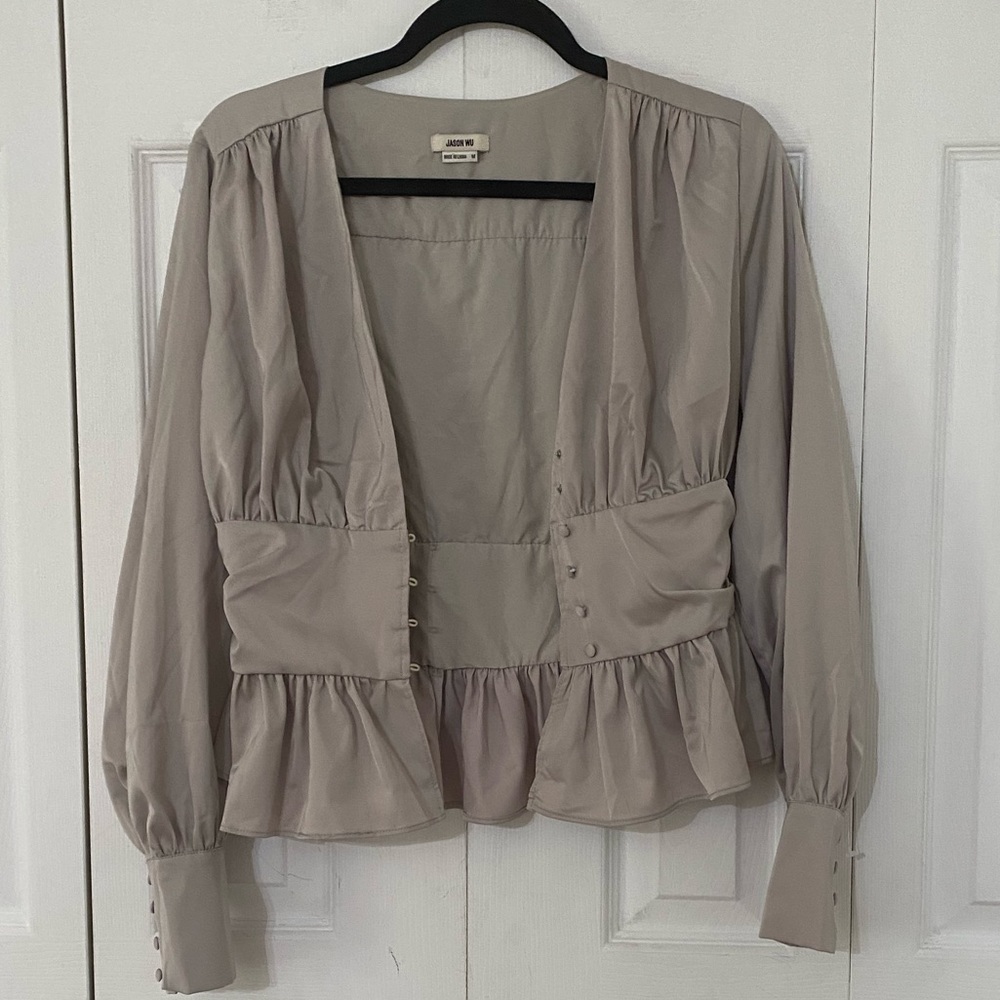 JASON WU Gray Silk Satin Peplum Top M - Picture 3 of 12